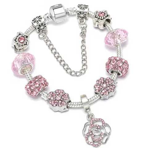 Western Style Alloy Charm Bracelet With Rose Flower Heart Pendant Pink Crystal Beads Snake Chain Bracelet Women Jewelry Gift