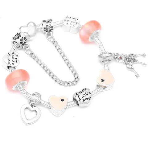 Romantisches Rosa Herz Perlen Charm Armband Für Damen Versilberte Legierung Schlangenkette Mit Schlüsselanhänger Und Emaille Perlen