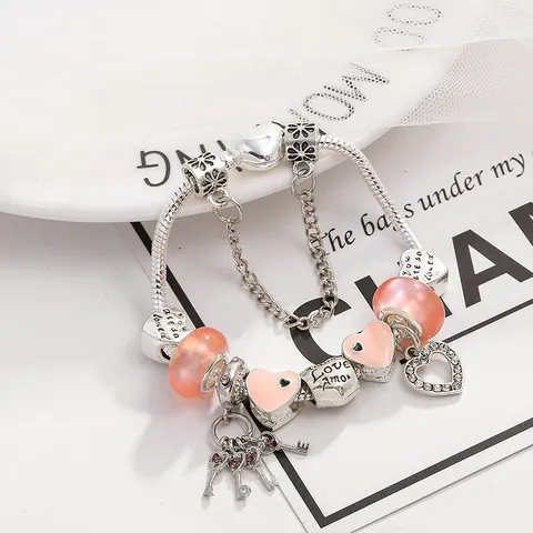 Romantisches Rosa Herz Perlen Charm Armband Für Damen Versilberte Legierung Schlangenkette Mit Schlüsselanhänger Und Emaille Perlen
