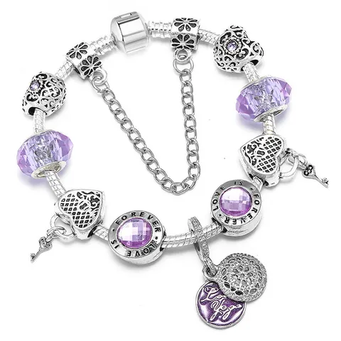 Damen Lila Glasperlen Charm Armband Legierung Schlangenkette Herz Schlüssel Anhänger Love Is Forever Schmuck Geschenk Valentinstag