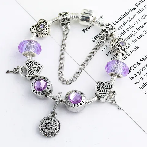 Damen Lila Glasperlen Charm Armband Legierung Schlangenkette Herz Schlüssel Anhänger Love Is Forever Schmuck Geschenk Valentinstag