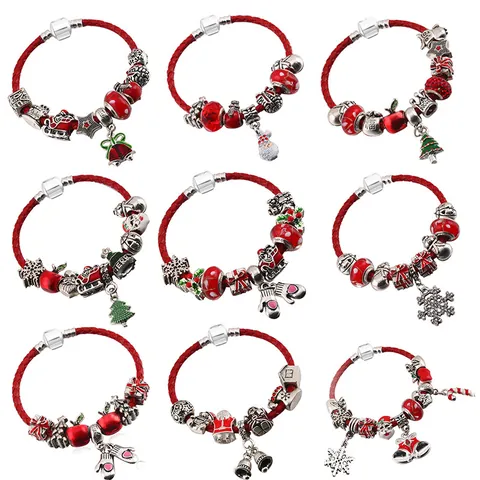 Red Leather Rope Christmas Bracelet Santa Claus Snowflake Enamel Alloy Charms For Women New Year Festive Jewelry Gift