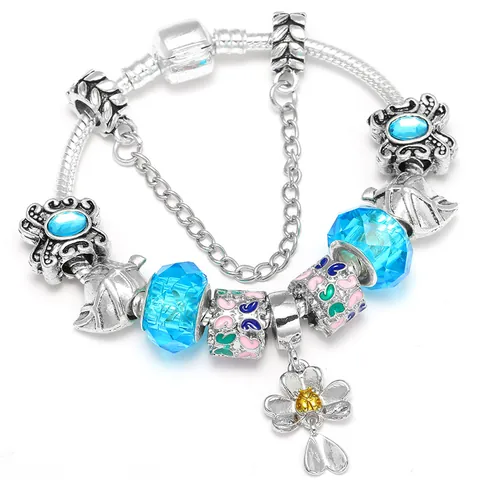 DIY Charm Bracelet Butterfly Ladybug Heart Flower Pendant Silver Plated Snake Chain Enamel Beads Jewelry Gift For Girls Women