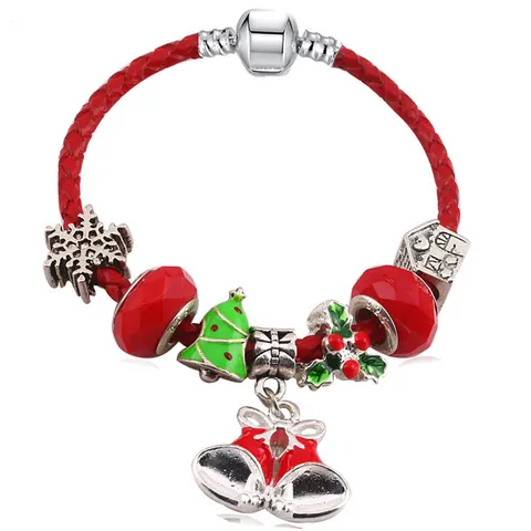 Red Leather Rope Christmas Bracelet Santa Claus Snowflake Enamel Alloy Charms For Women New Year Festive Jewelry Gift