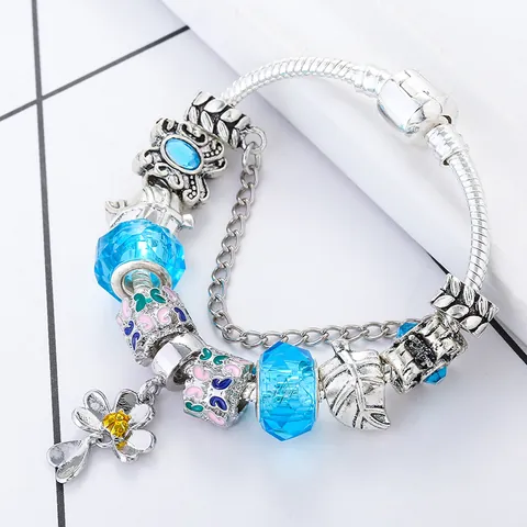 DIY Charm Bracelet Butterfly Ladybug Heart Flower Pendant Silver Plated Snake Chain Enamel Beads Jewelry Gift For Girls Women