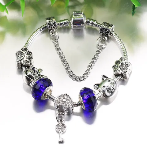 Pulsera de Charms de Cristal Azul de Aleación de Lujo Con Colgantes de Corazón Llave Gato Pata Cadena de Serpiente Plateada Joyería DIY Para Mujer