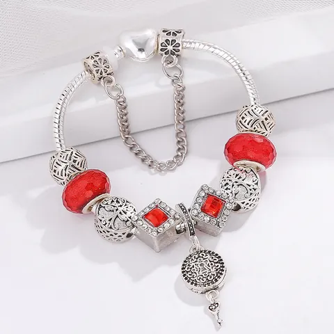 Pulsera de Amuletos con Cuentas Rojas para Mujer Colgante Árbol de la Vida Corazón Llave Aleación Plateada Joyería Moda