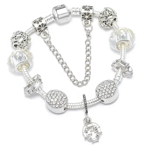 Pulsera De Amuletos De Cuentas DIY De Moda Para Mujer Chapado En Plata Aleación Cristal Corazón Estrella Colgante Cadena De Serpiente Joyería