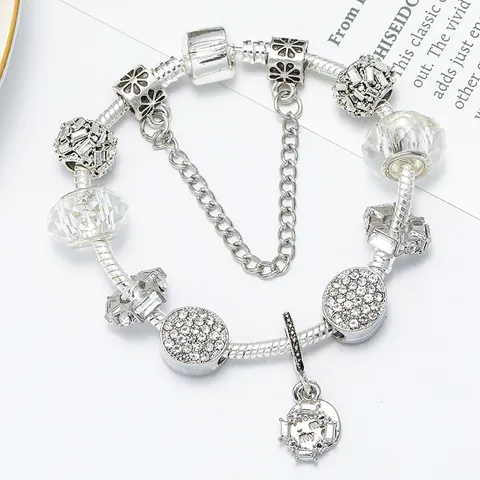 Pulsera De Amuletos De Cuentas DIY De Moda Para Mujer Chapado En Plata Aleación Cristal Corazón Estrella Colgante Cadena De Serpiente Joyería