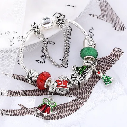 Kerst DIY Bedelarmband Voor Vrouwen Legering Kerstman Boom Bel Hart Emaille Verzilverd Slangenketting Sieraden Cadeau