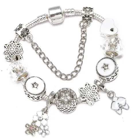 Pulsera de Dijes DIY Europea para Mujer Aleación Esmalte Flor de Cerezo Corazón Estrella Copo de Nieve Strass Cadena de Serpiente Joyería Regalo