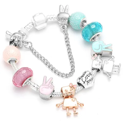 DIY Cartoon Robot Heart Charm Bracelet Alloy Snake Chain Glass Enamel Peace Sign Pendant Jewelry For Women Girls Gift