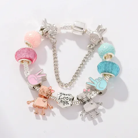 DIY Cartoon Robot Heart Charm Bracelet Alloy Snake Chain Glass Enamel Peace Sign Pendant Jewelry For Women Girls Gift