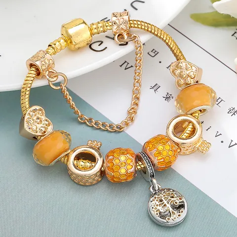 Gold Honeybee Charm Bracelet Tree Of Life Pendant Amber Faceted Glass Beads Alloy Snake Chain For Women Jewelry Gift