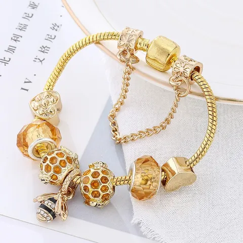 Bee Honeycomb Heart DIY Charm Bracelet Silver Snake Chain Enamel Rhinestone Crystal Beads Fashion Jewelry Women