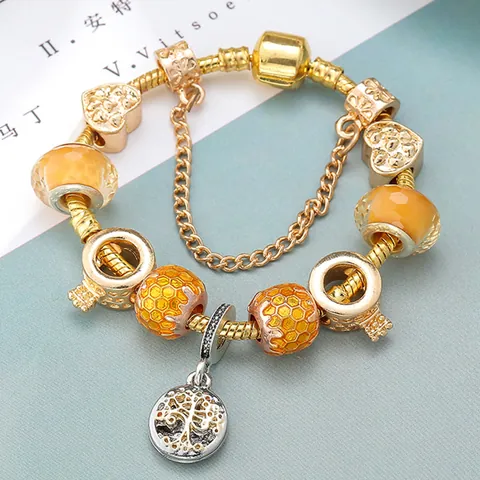 Gold Honeybee Charm Bracelet Tree Of Life Pendant Amber Faceted Glass Beads Alloy Snake Chain For Women Jewelry Gift