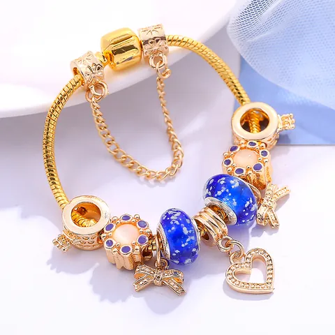 Goldlegierung Herz Schleife Charm Armband Mit Bunten Glaskugeln Blumenanhängern DIY Schlangenkette Armband Für Damen Geschenk