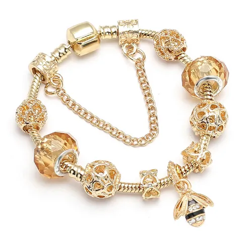 DIY Gold Bee Charm Bracelet Alloy Snake Chain Enamel Heart Bowknot Crystal Beaded Jewelry For Women Valentine Gift