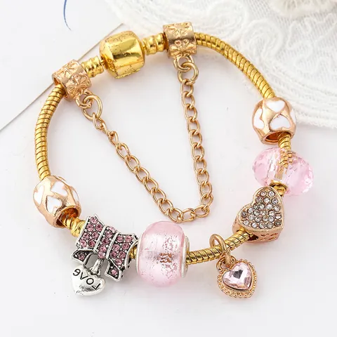 Pulsera de Charms de Aleación Dorada Corazón Llave Cuentas de Vidrio Rosa Zirconia Esmalte Cadena de Hueso de Serpiente Joyería Regalo de San Valentín para Mujer