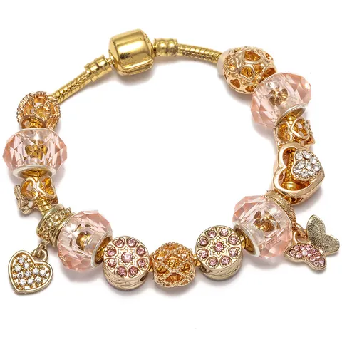 Valentijnsdag Roze Kristal Hart Vlinder Charm Armband Legering Goud Verguld Slangenketting Kralen Armband Voor Vrouwen Cadeau