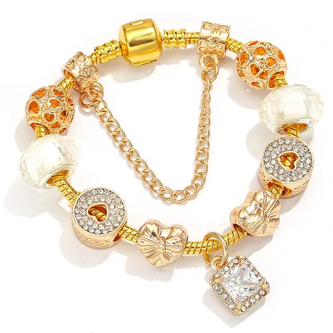 Fashion Women Gold Plated Alloy DIY Beaded Bracelet With Heart Charms Square Zirconia Pendant Snake Chain Jewelry Gift