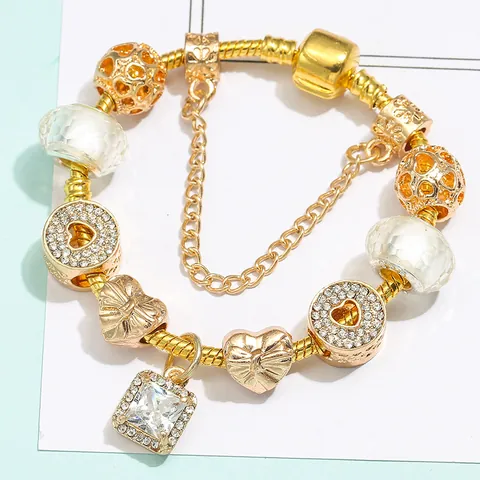 Fashion Women Gold Plated Alloy DIY Beaded Bracelet With Heart Charms Square Zirconia Pendant Snake Chain Jewelry Gift
