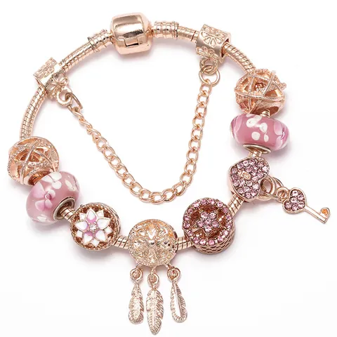 Roségold Kirschblüte Anhänger Charm Armband Rosa Murano Glasperlen Herz Traumfänger Schlüssel Schlangenkette Schmuck Geschenk