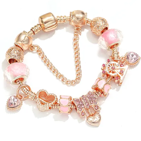 Roségold Legierung Rosa Herz Schlüssel Riesenrad Anhänger Perlen Charm Armband Für Damen Elegante Schlangenkette Schmuck Geschenk
