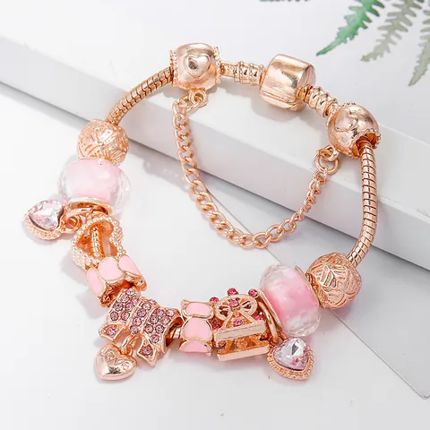 Roségold Legierung Rosa Herz Schlüssel Riesenrad Anhänger Perlen Charm Armband Für Damen Elegante Schlangenkette Schmuck Geschenk