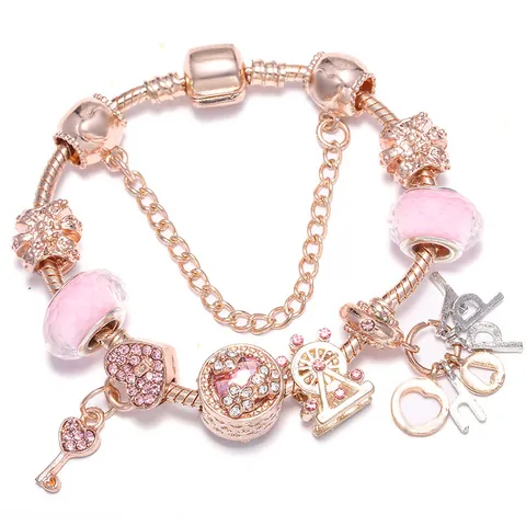 Roségoud Vergulde Legering Hart Sleutel Bedelarmband Roze Glazen Kralen DIY Slangenketting Valentijnsdag Cadeau Voor Vrouwen Romantische Sieraden