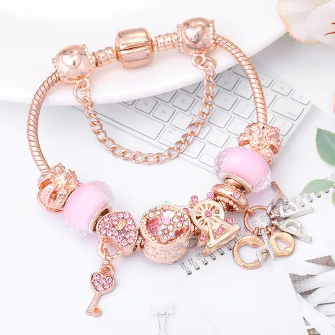Roségoud Vergulde Legering Hart Sleutel Bedelarmband Roze Glazen Kralen DIY Slangenketting Valentijnsdag Cadeau Voor Vrouwen Romantische Sieraden