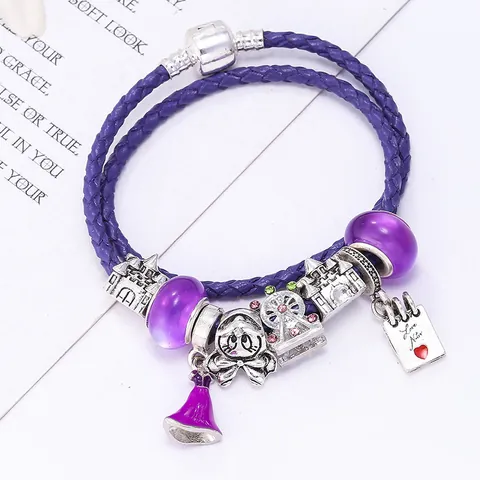 Purple Double Layer Woven Synthetic Leather Bracelet With Alloy Ferris Wheel Castle Cat Heart Charms DIY Jewelry For Women