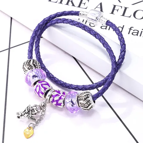 Purple Double Layer Braided Leather Charm Bracelet Women Alloy Angel Heart Pendant Enamel Flower Beads Jewelry