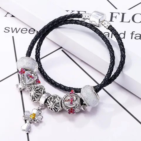 Woven Leather Charm Bracelet Heart Flower Alloy Charms Pink Red Rhinestones Double Layer Wrap Bracelet Women Fashion Jewelry