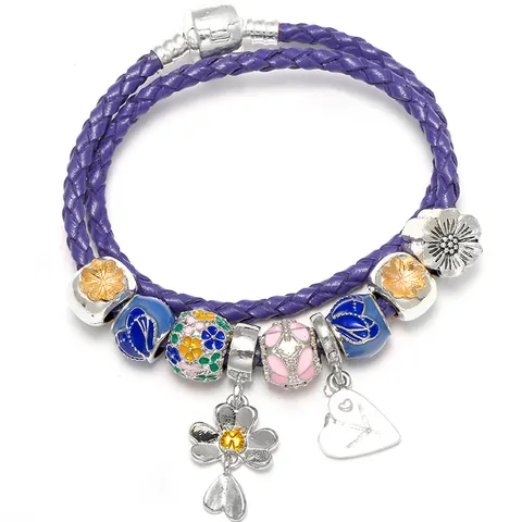 Women Daisy Heart Flower Enamel Charm Bracelet Woven Purple PU Leather Double Wrap Bracelet Fashion Jewelry Accessory Gift