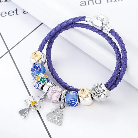 Women Daisy Heart Flower Enamel Charm Bracelet Woven Purple PU Leather Double Wrap Bracelet Fashion Jewelry Accessory Gift