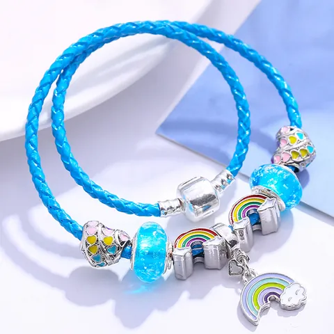 Women's Blue Woven Leather Beaded Charm Bracelet Alloy Heart Rainbow Cloud Pendant Double Layer Wrap Bracelet Jewelry