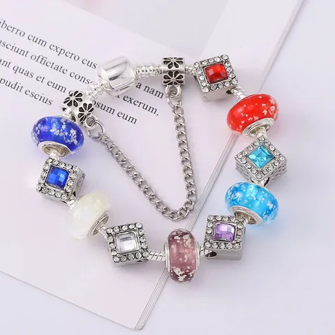 Vintage Alloy Multicolor Glaze Beads Charm Bracelet With Rhinestone Square Pendants Fashion Snake Chain Jewelry For Women Gift