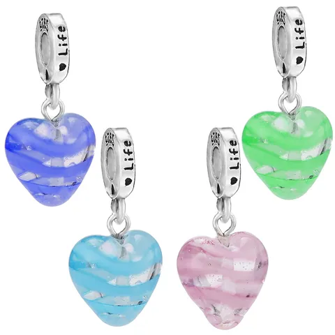 925 Sterling Zilveren Hart Bedel Kraal Kleurrijke Glas Streep Hanger Voor DIY Europese Armband Vrouwen Sieraden Maken Cadeau
