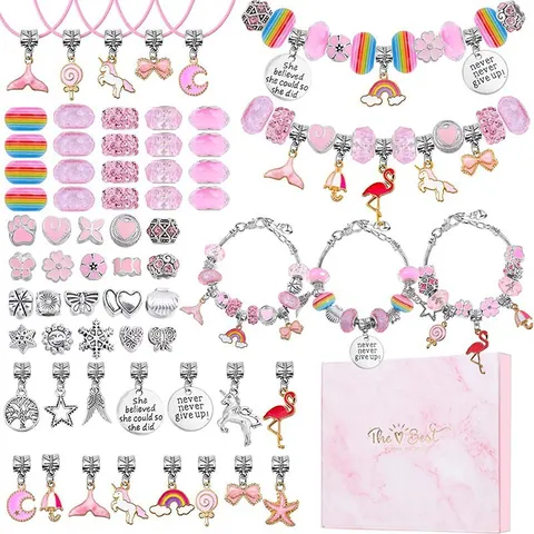 Mädchen DIY Perlen Schmuck Armband Halskette Herstellung Perlen Und Anhänger Einhorn Flamingo Sammlung Rosa Geschenkbox Kinder Lernspielzeug