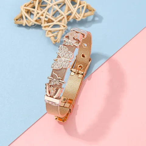 Mode Edelstahl Netzgewebe Armband Für Damen Legierung Schmetterling Blatt Charms Eingelegt Zirkonia Uhrenstil Schnalle Verstellbar Schmuck Geschenk