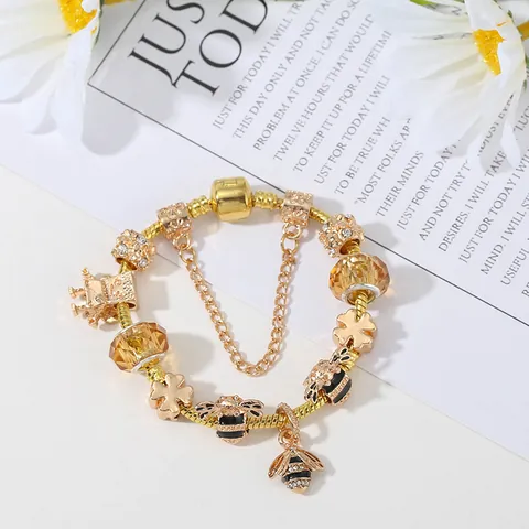 Gold Tone Alloy Bee Charm Bracelet With Rhinestone Heart Clover Robot Pendant Yellow Glass Beads For Women Jewelry