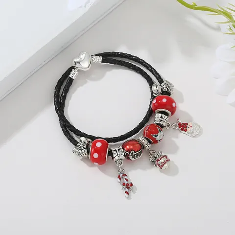 Christmas Charm Bracelet For Women Santa Claus Candy Cane Pendants Alloy Enameled Beaded Braided Leather Cord Festive Jewelry