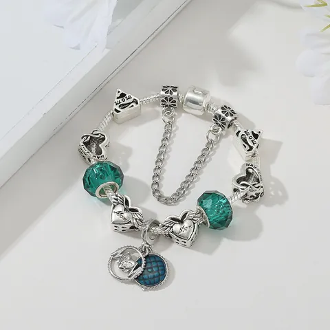 Luxury Alloy MOM Heart Charm Bracelet With Snake Chain Safety Chain Silver Plated Crystal Beads Mother's Day Jewelry Gift For Women