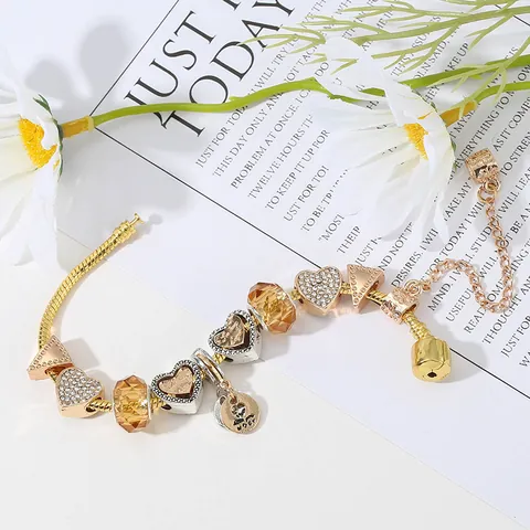 Luxury Gold Heart Charm Bracelet For Women Alloy Rhinestone Inlaid Amber Glass Beads Hollow Floral Snake Chain Jewelry