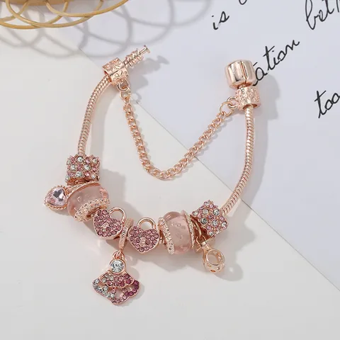 Rose Gold Plated Alloy Heart Crown Charm Bracelet Pink Glass Beads Rhinestone Safety Chain Romantic Fashion Jewelry Gift Women