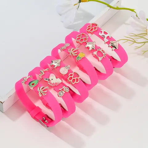 Adjustable Rose Red Silicone Strap Bracelet With Cartoon Alloy Charms For Kids Girls Fashion Jewelry Gift