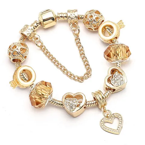 Gold Plated DIY Charm Bracelet For Women Heart Crown Bee Pendant Snake Chain Bead Bracelet Fashion Jewelry Gift
