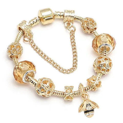 Gold Plated DIY Charm Bracelet For Women Heart Crown Bee Pendant Snake Chain Bead Bracelet Fashion Jewelry Gift