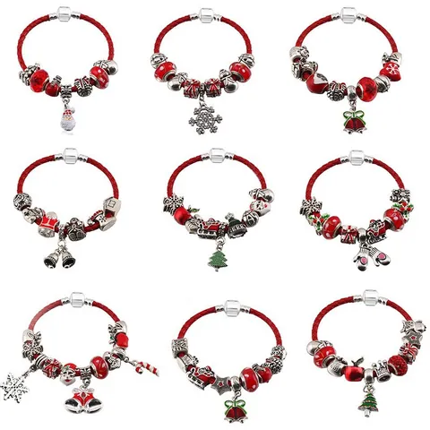 Christmas Red Braided Leather Charm Bracelet For Women Alloy Silver Plated Santa Claus Snowflake Tree Beads Festive Jewelry Gift